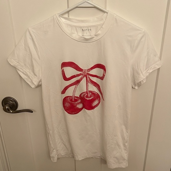 SHEIN White Tee with Red Cherry Design, size S - Picture 1 of 4